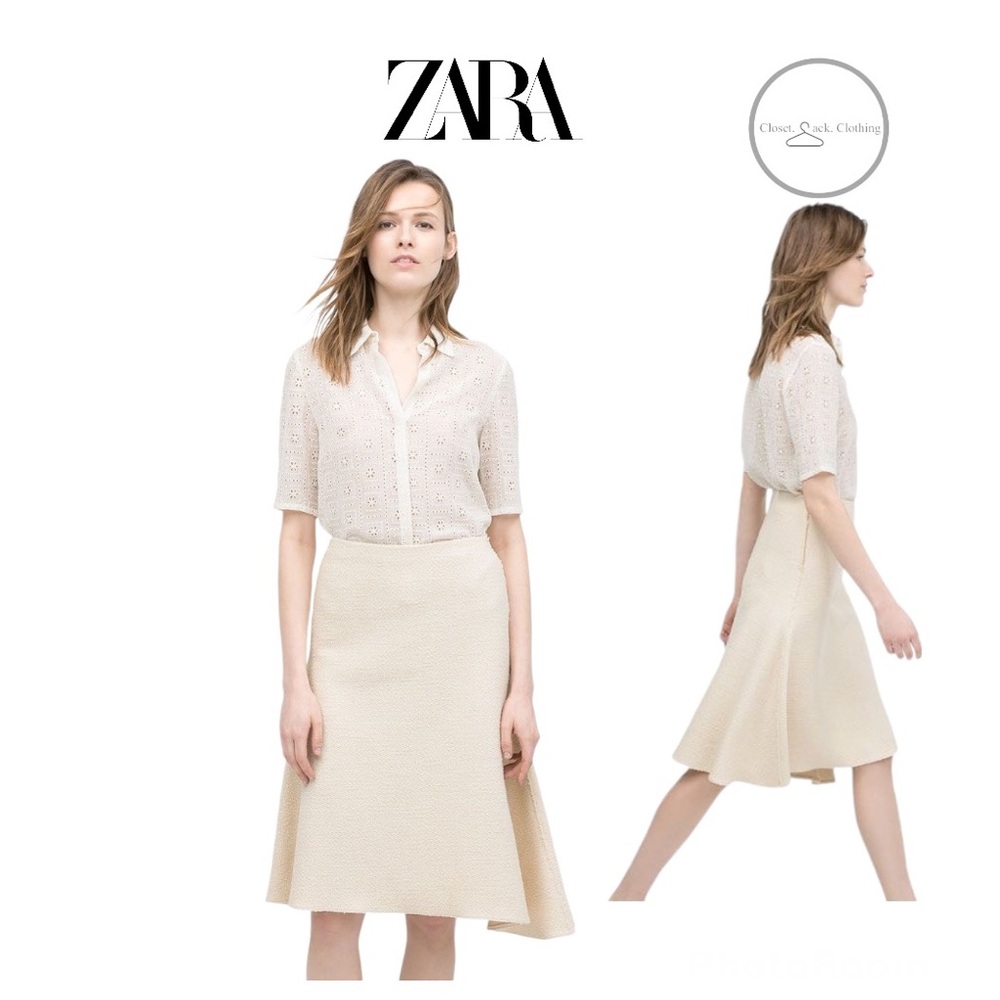 Zara Cream Asymmetric Flare Midi Skirt Wool Blend Size XS